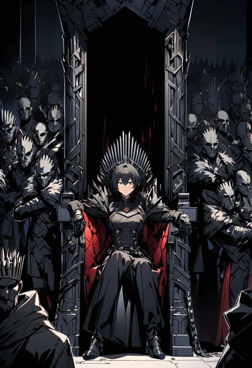 Faceless king in a throne, short black hair, dark clothes, iron throne, people around the throne