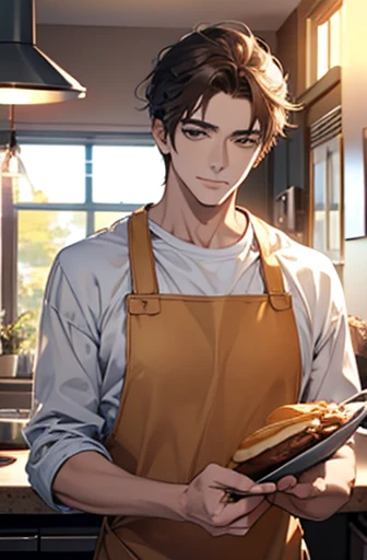 ,male, Delicate face, Wearing plain clothes, Urban handsome, 、The dishes、pancake、indoor、Home、kitchen、Wearing an apron、Have