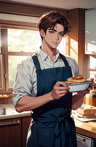 ,male, Delicate face, Wearing plain clothes, Urban handsome, 、The dishes、pancake、indoor、Home、kitchen、Wearing an apron、Have