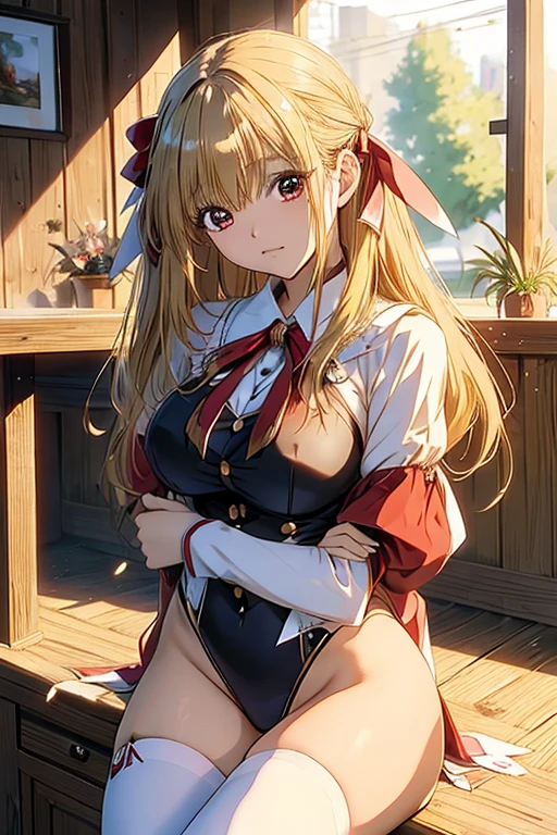 masterpiece, Highest quality, High resolution, Anime art style, Game CG, Backtrack Rich, Rich 1, 1 girl, alone, Long Hair, bangs, Blonde, Red eyes, bow, ribbon, Hair between the eyes, jewelry, hair bow, hair band, leotard,Trojan horse, rubbing the crotch