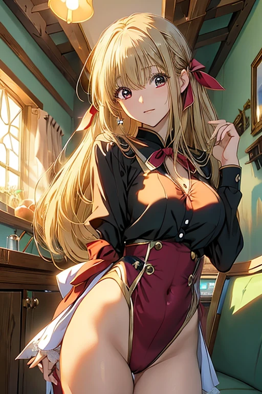 masterpiece, Highest quality, High resolution, Anime art style, Game CG, Backtrack Rich, Rich 1, 1 girl, alone, Long Hair, bangs, Blonde, Red eyes, bow, ribbon, Hair between the eyes, jewelry, hair bow, hair band, leotard,Trojan horse, rubbing the crotch