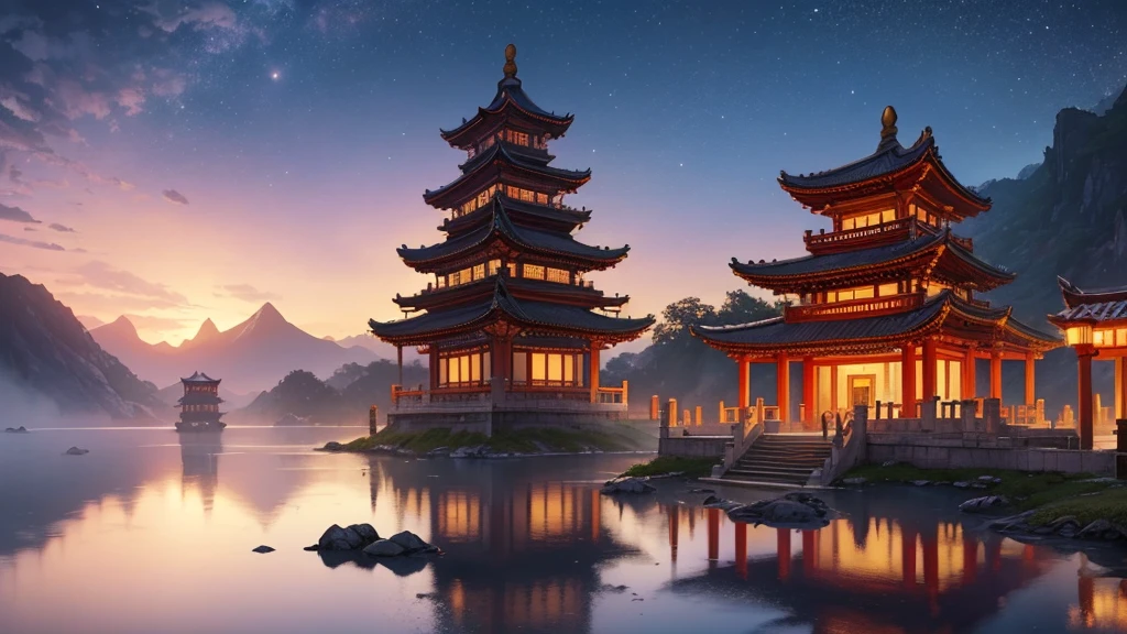 Fantastic anime style landscape of an ancient Chinese city in the mountains. Huge palaces and temples with curved roofs and golden details stand on steep cliffs. The night sky is a deep purple and blue, illuminated by golden lights and floating lanterns. Waterfalls and fog surround the structures, creating a mystical atmosphere. Spotlight, a traditional temple with a red roof and golden details. Detailed and vibrant animation style, reminiscent of the Studio Ghibli films, especially &#39;Spirited Away&#39;. Dramatic use of lighting, with strong contrasts between purple shadows and warm golden lights. Meticulous attention to architectural details and natural elements. The general atmosphere is magical and ethereal, mixing the traditional with the fantastic. Composition that guides the eye from the foreground to the city in the heights