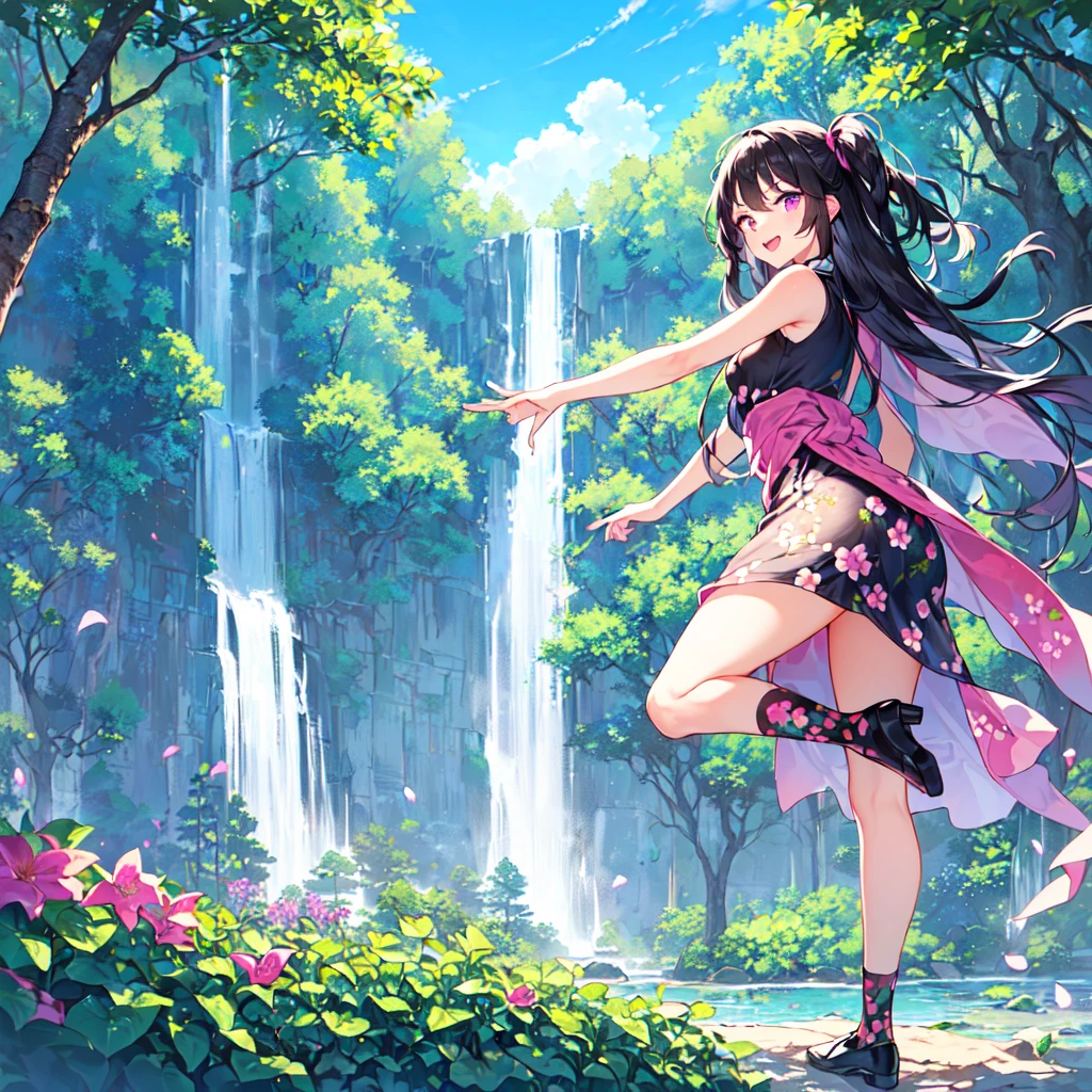 masterpiece, best quality, high quality, extremely detailed, very delicate and beautiful, (1 female 18 years old alone solo:1.5), (long black hair up to waist with two side up:1.5), bangs to eyebrows, eyes (eyes sharp, strong and glossy, eyebrows glossy, (eye color magenta:1.3), 6.5 head height, (summer flower print dress:1.3), knee socks, ruffles, (mouth open with smile), (standing:1.3), (dynamic pose), (background waterfall and forest:1.3), (blue sky:1.3) 