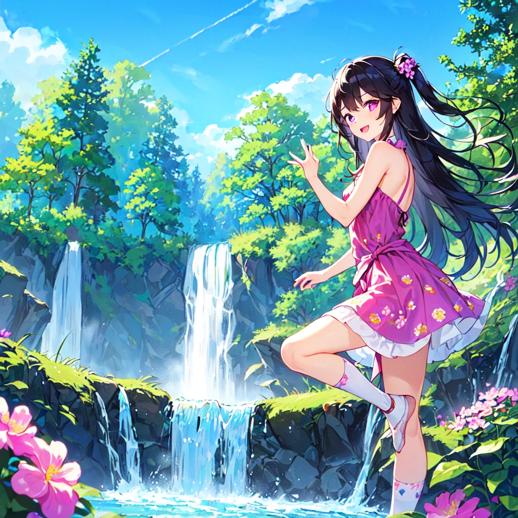 masterpiece, best quality, high quality, extremely detailed, very delicate and beautiful, (1 female 18 years old alone solo:1.5), (long black hair up to waist with two side up:1.5), bangs to eyebrows, eyes (eyes sharp, strong and glossy, eyebrows glossy, (eye color magenta:1.3), 6.5 head height, (summer flower print dress:1.3), knee socks, ruffles, (mouth open with smile), (standing:1.3), (dynamic pose), (background waterfall and forest:1.3), (blue sky:1.3)