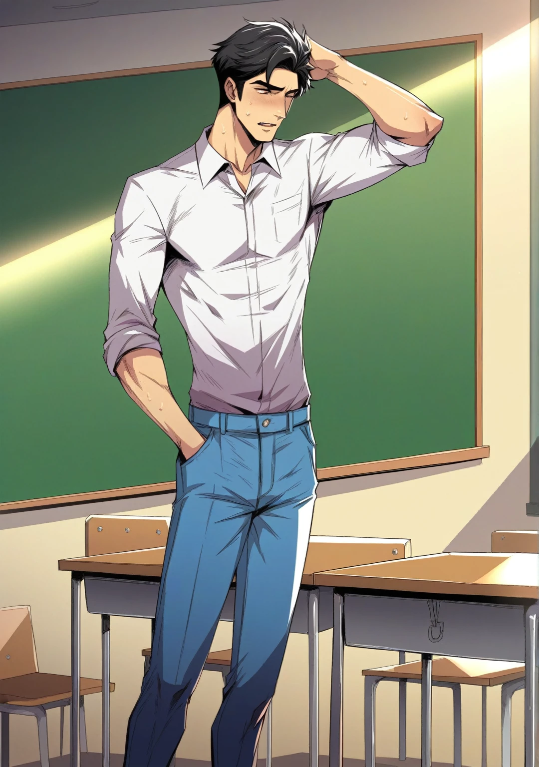 scenery:
A classroom.
Athletic boy standing, making an exhibition.
Classmates watching him.
Main character:
Boy with black hair combed to the sides.
He is wearing a gray polo shirt and blue jeans..
athletic.
Activity:
Está making an exhibition sobre el cuadro "The Snitch" of El Greco's son.
image style:
Excellent quality Disney or cartoon animation.