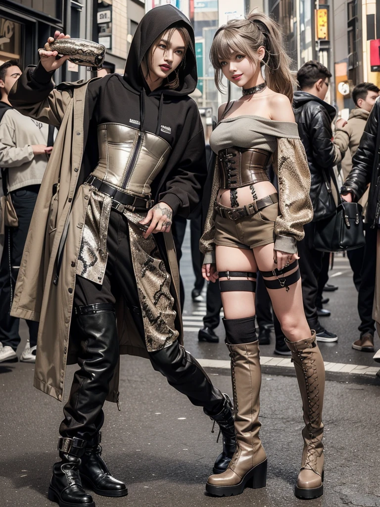 (Full Body View:1.2)、(Smiling with teeth showing:1.3),(Shibuya Gal:1.5)、(Beautiful:1.5)、(Neo-goth fashion:1.5)、(Punk RockVisual Kei:1.5)、(An off-the-shoulder hoodie in khaki and brown with delicate silver accessories.:1.5)、(A corset with a delicate beige and brown design:1.4)、(Dark grey, khaki and brown snakeskin bodysuit:1.5)、(Snake print headband:1.3)、(Beige and charcoal knee socks:1.4)、Embellished collar and long boots、(I'm selling snake print underwear.:1.4)、(Long eyelashes:1.3)、(20-year-old)、((Highest quality、8k、masterpiece:1.3))、1 Female、Slim and beautiful abs:1.3、(hairstyle casual、Beautiful boobs:1.1)、(Doing an aerobics pose:1.3)、dress:1.1、Super small face、Narrow eyes、double eyelid、A sloppy smile、Esbian all over、Dynamic Angle、Close-up、CPL Filter、Blurred Background、Bokeh、Blue Hour、Detailed face and skin texture、Detailed eyes、,(Twin tails:1.3)、(Brown-golden hair:1.3)、Gravure idol、(The background is a glamorous dance hall:1.3)、(Make your legs thinner:1.4)、(Slim body:1.3)、(clavicle:1.1)