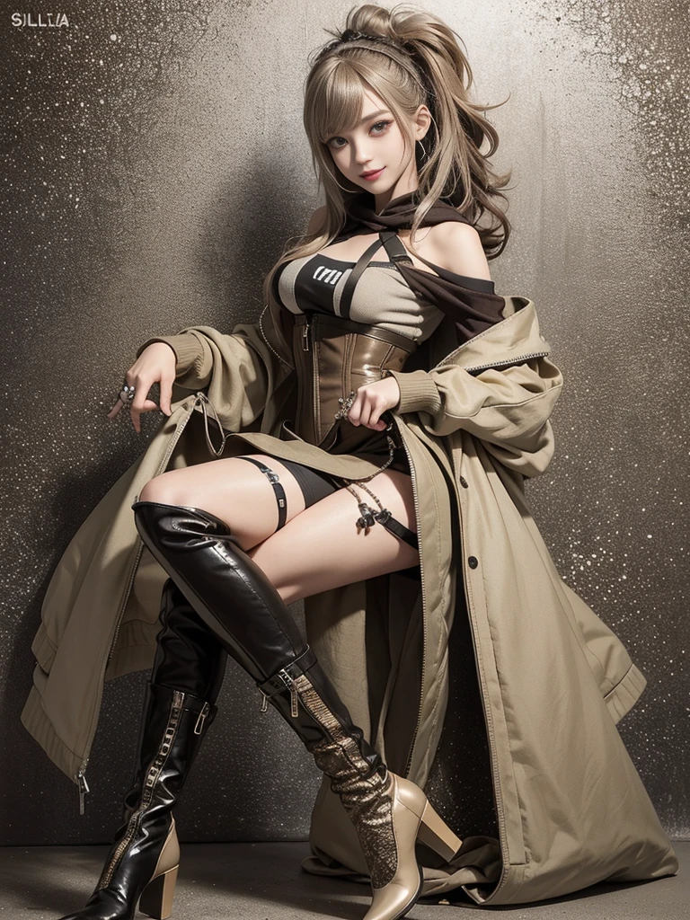 (Full Body View:1.2)、(Smiling with teeth showing:1.3),(Shibuya Gal:1.5)、(Beautiful:1.5)、(Neo-goth fashion:1.5)、(Punk RockVisual Kei:1.5)、(An off-the-shoulder hoodie in khaki and brown with delicate silver accessories.:1.5)、(A corset with a delicate beige and brown design:1.4)、(Dark grey, khaki and brown snakeskin bodysuit:1.5)、(Snake print headband:1.3)、(Beige and charcoal knee socks:1.4)、Embellished collar and long boots、(I'm selling snake print underwear.:1.4)、(Long eyelashes:1.3)、(20-year-old)、((Highest quality、8k、masterpiece:1.3))、1 Female、Slim and beautiful abs:1.3、(hairstyle casual、Beautiful boobs:1.1)、(Doing an aerobics pose:1.3)、dress:1.1、Super small face、Narrow eyes、double eyelid、A sloppy smile、Esbian all over、Dynamic Angle、Close-up、CPL Filter、Blurred Background、Bokeh、Blue Hour、Detailed face and skin texture、Detailed eyes、,(Twin tails:1.3)、(Brown-golden hair:1.3)、Gravure idol、(The background is a glamorous dance hall:1.3)、(Make your legs thinner:1.4)、(Slim body:1.3)、(clavicle:1.1)