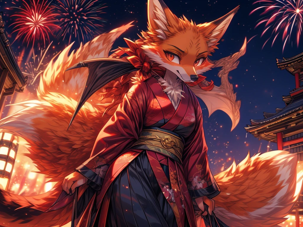 Fantastic beasts concept art, Japanese kitsube slut Best quality, fox face elongated snout add-detail, kitsune in summer matsuri, fireworks in the background add_detail:1 mistycal aura, demon slayer style