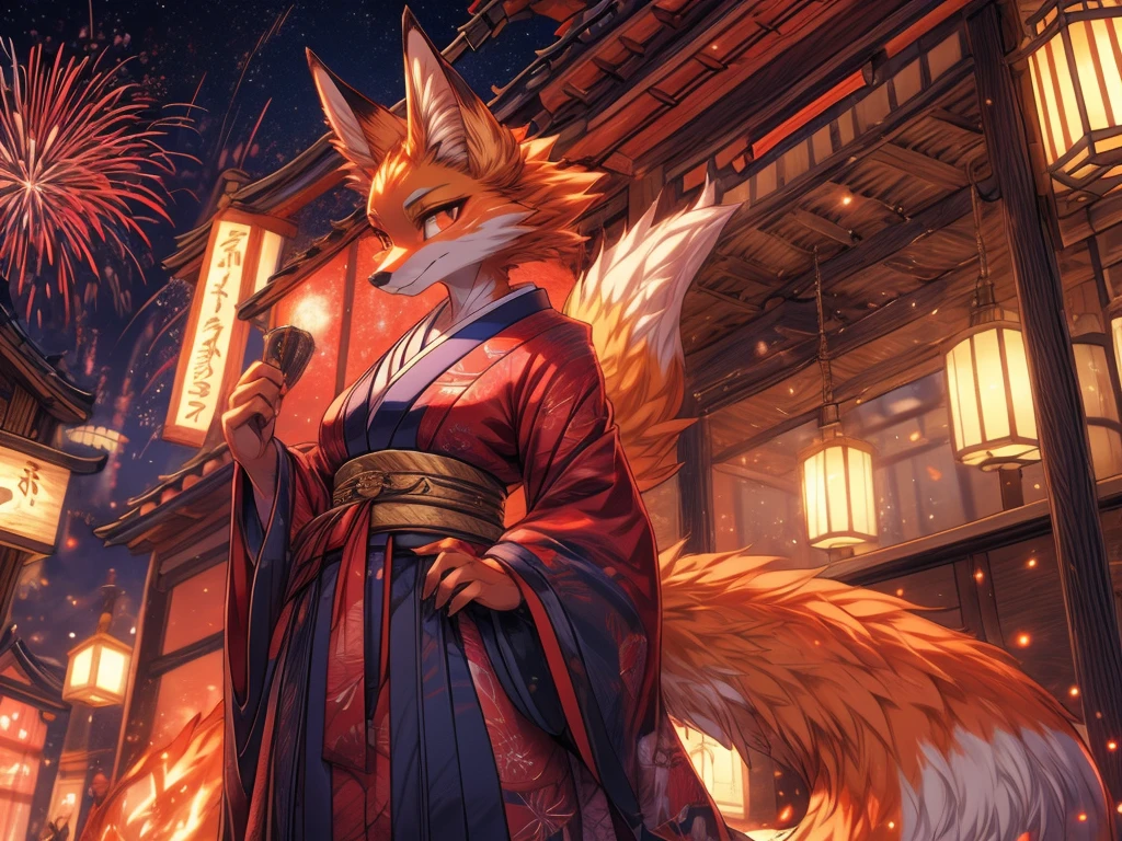 Fantastic beasts concept art, Japanese kitsube slut Best quality, fox face elongated snout add-detail, kitsune in summer matsuri, fireworks in the background add_detail:1 mistycal aura, demon slayer style