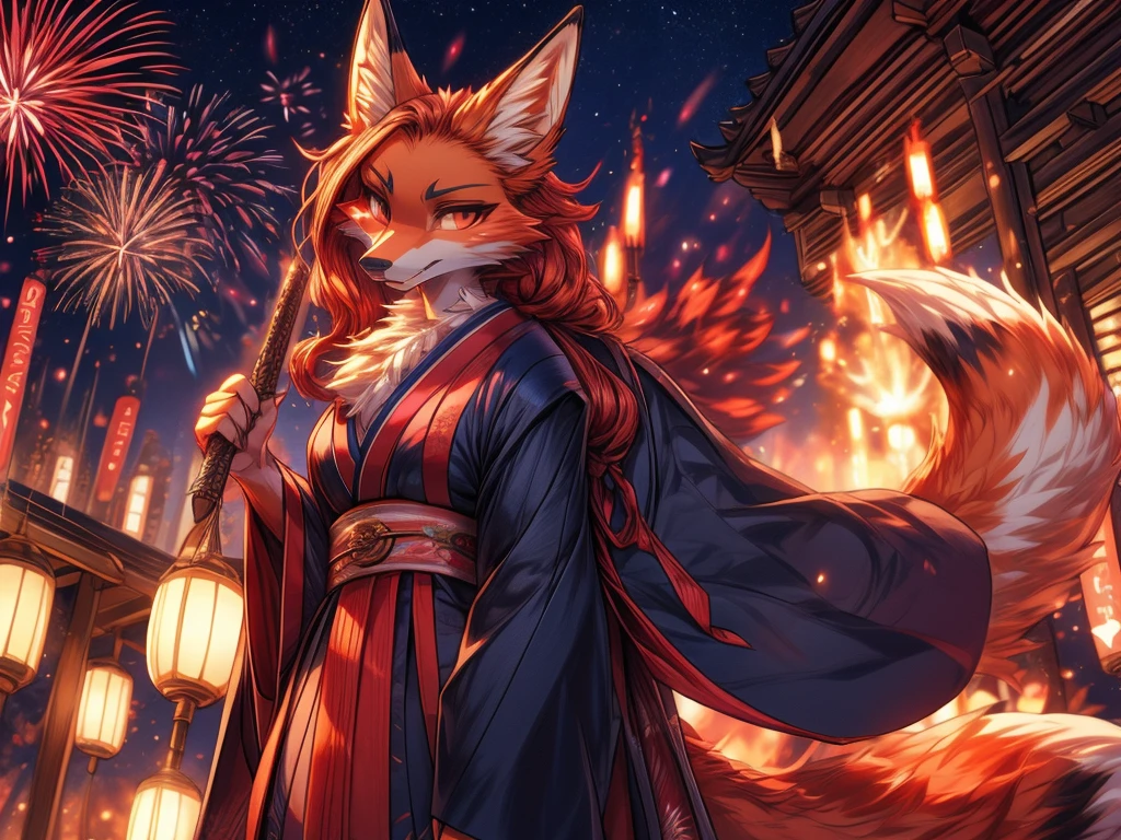 Fantastic beasts concept art, Japanese kitsube slut Best quality, fox face elongated snout add-detail, kitsune in summer matsuri, fireworks in the background add_detail:1 mistycal aura, demon slayer style 