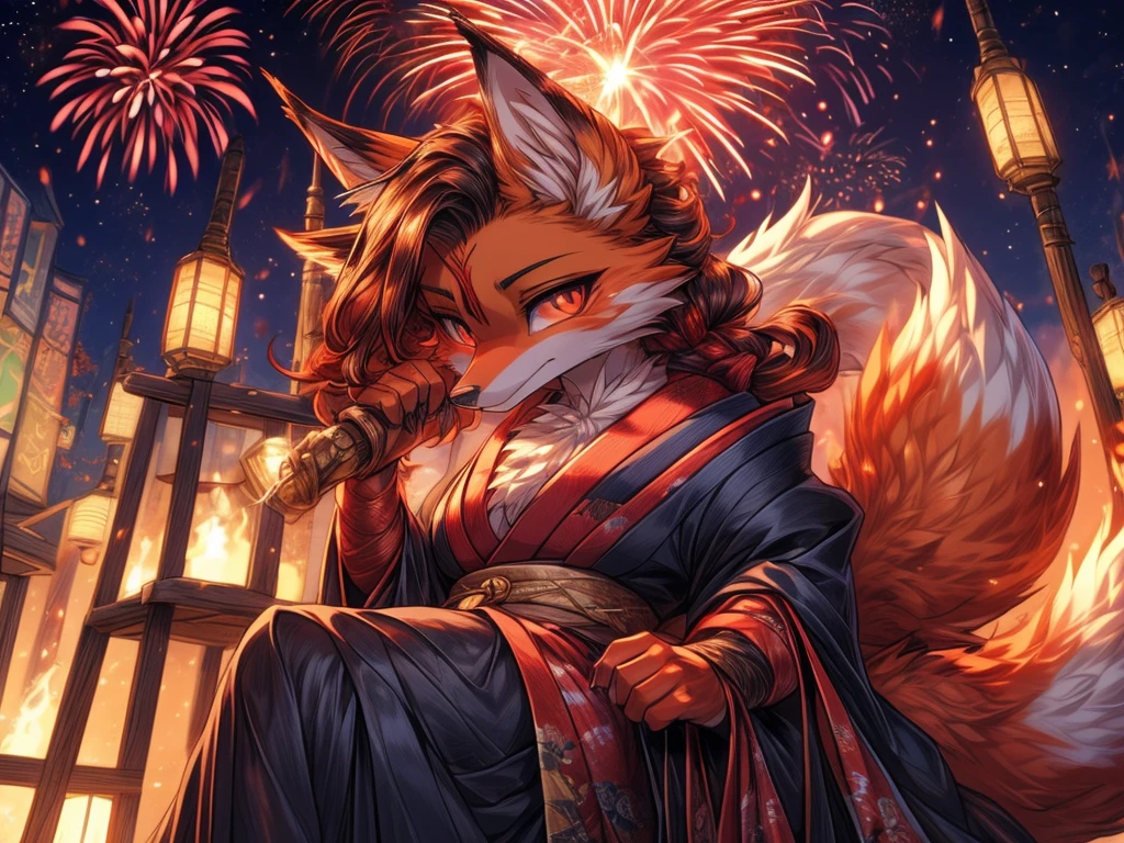 Fantastic beasts concept art, Japanese kitsube slut Best quality, fox face elongated snout add-detail, kitsune in summer matsuri, fireworks in the background add_detail:1 mistycal aura, demon slayer style 