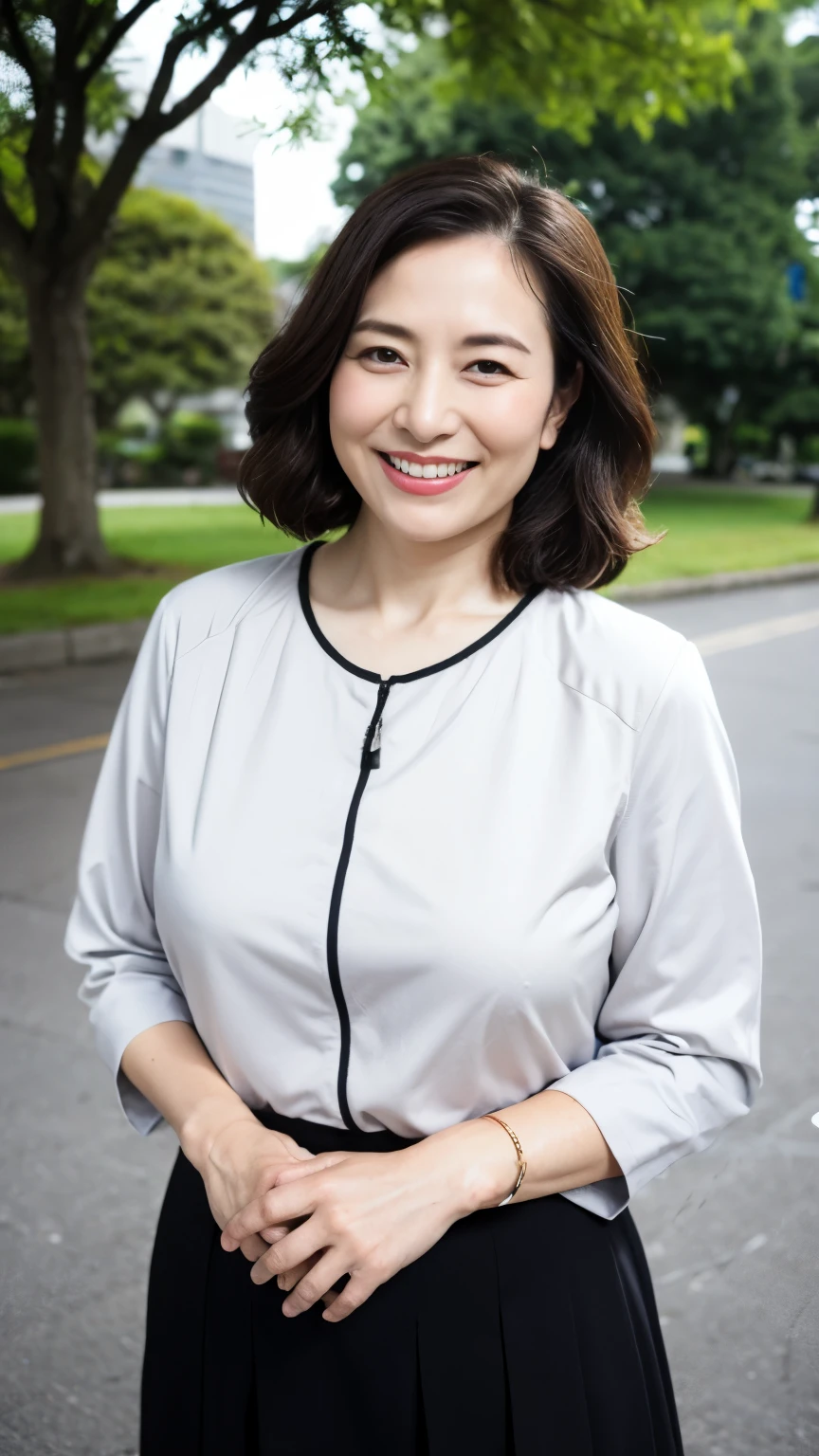 最high quality, In 8K, whole body, Real, Upper Body, high quality, High resolution, Detailed face, Detailed eyes, Thick lips, (Look at the viewers), alone, Middle-aged women, , 60 years old, , Wavy Hair, , Wearing short sleeves, Standing in front of a fountain, Wrinkles around the eyes, Smiling with teeth showing, Background Blur