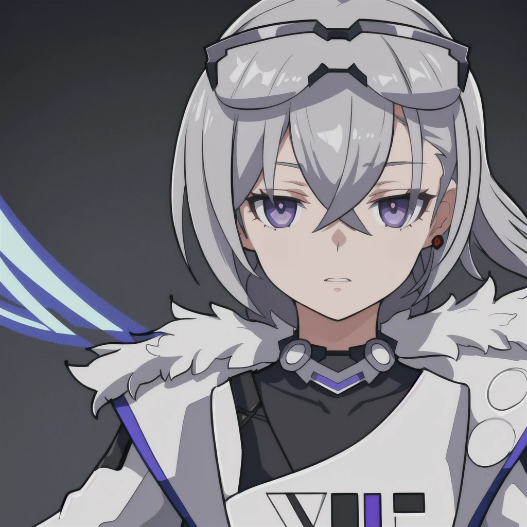 anime girl, grey hair, black eyes, blueish purple jacket, gamer, crop top, silver wolf, white shirt, 1girl, masterpiece, (beautiful and aesthetic:1. 5), thick black lineart, clean lineart, perfect lineart, variable lineart, clean anime outlines, intense line art, bold lineart, sharp lineart, best quality, high quality, best quality, ultra-detailed, colourful, saturated colours, dynamic lighting, HD,