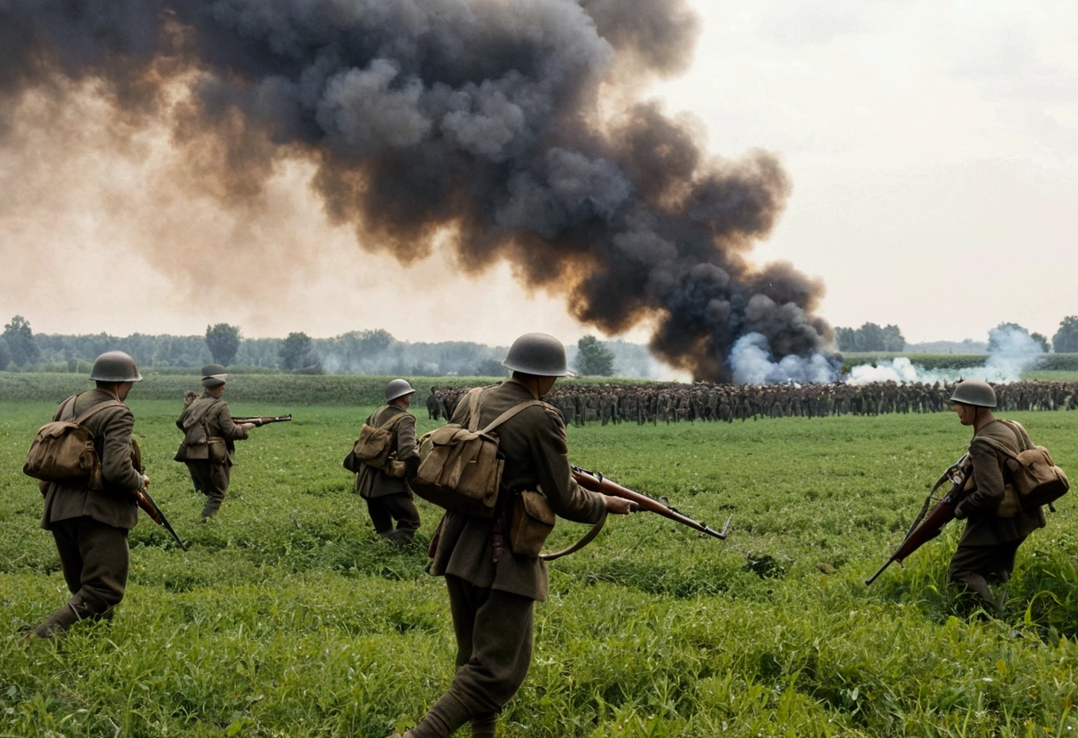 Soldiers standing in a field,Smoke in the background, World War I照片, World War I照片, 用World War II相机拍摄, war photos, World War II, Battlefield scene, Battlefield Background, 对抗 World War I, World War II摄影, World War II摄影, Soldiers come under heavy fire, war photosgraph, On the war zone, war photosgraphy, World War I