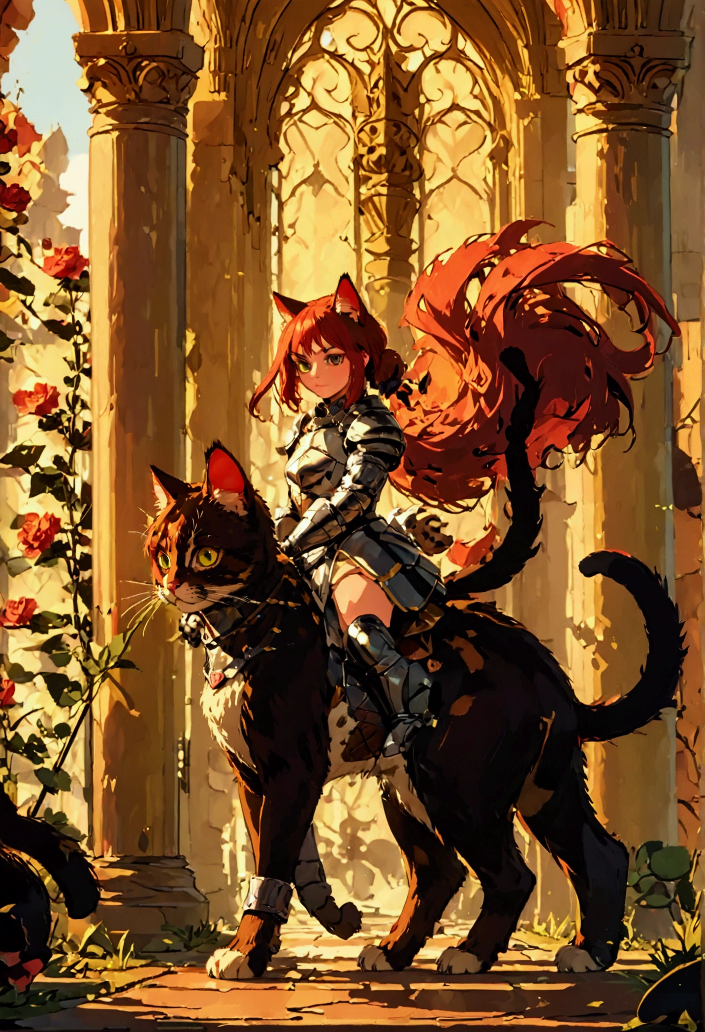 arafed a picture of a human knight riding an (Giant cat 1.3)) וin fantasy street, a a human knight, full body, ((anatomically correct: 1.5), female knight, red hair, long hair, hair in a pony tail, wearing knight's armor, decorated armor, high heeled boots, BREAK riding a (Giant Cat: 1.5)), the cat is wearing armor ready for battle, dynamic color cat Hyperrealism style, vibrant, Ultra-high resolution, High Contrast, (masterpiece:1.5), highest quality, Best aesthetics), best details, best quality, highres, ultra wide angle, 16k, [ultra detailed], masterpiece, best quality, (extremely detailed) RAW, ArmoredDress