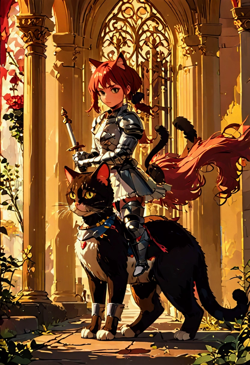 arafed a picture of a human knight riding an (Giant cat 1.3)) וin fantasy street, a a human knight, full body, ((anatomically correct: 1.5), female knight, red hair, long hair, hair in a pony tail, wearing knight's armor, decorated armor, high heeled boots, BREAK riding a (Giant Cat: 1.5)), the cat is wearing armor ready for battle, dynamic color cat Hyperrealism style, vibrant, Ultra-high resolution, High Contrast, (masterpiece:1.5), highest quality, Best aesthetics), best details, best quality, highres, ultra wide angle, 16k, [ultra detailed], masterpiece, best quality, (extremely detailed) RAW, ArmoredDress