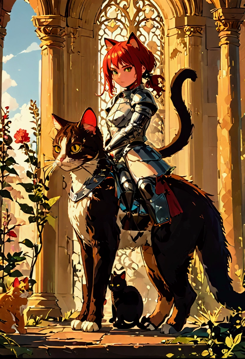 arafed a picture of a human knight riding an (Giant cat 1.3)) וin fantasy street, a a human knight, full body, ((anatomically correct: 1.5), female knight, red hair, long hair, hair in a pony tail, wearing knight's armor, decorated armor, high heeled boots, BREAK riding a (Giant Cat: 1.5)), the cat is wearing armor ready for battle, dynamic color cat Hyperrealism style, vibrant, Ultra-high resolution, High Contrast, (masterpiece:1.5), highest quality, Best aesthetics), best details, best quality, highres, ultra wide angle, 16k, [ultra detailed], masterpiece, best quality, (extremely detailed) RAW, ArmoredDress