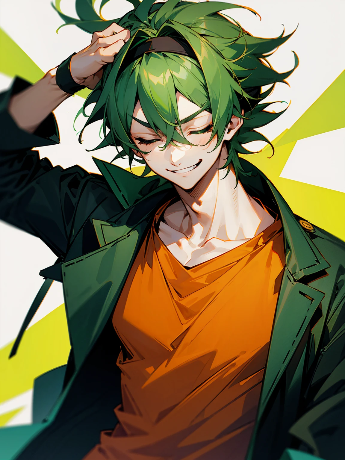 1male, green hair, messy hair, headband, eyes closed, orange shirt, black jacket, devious smile