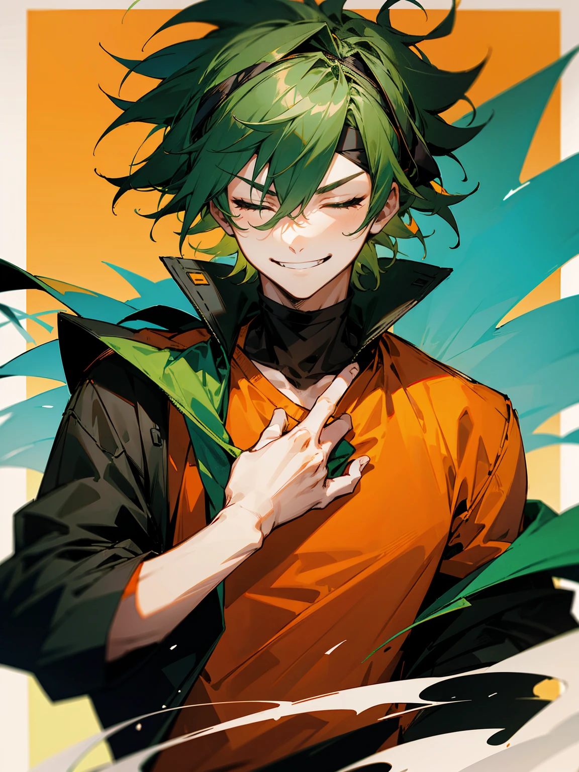 1male, green hair, messy hair, headband, eyes closed, orange shirt, black jacket, devious smile