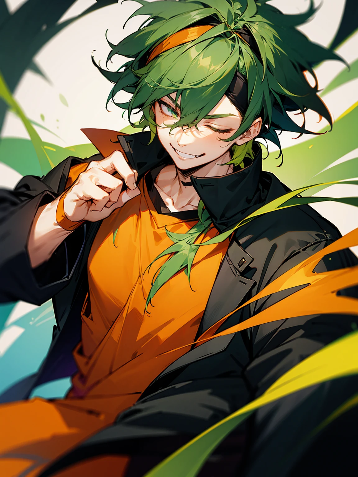 1male, green hair, messy hair, headband, eyes closed, orange shirt, black jacket, devious smile