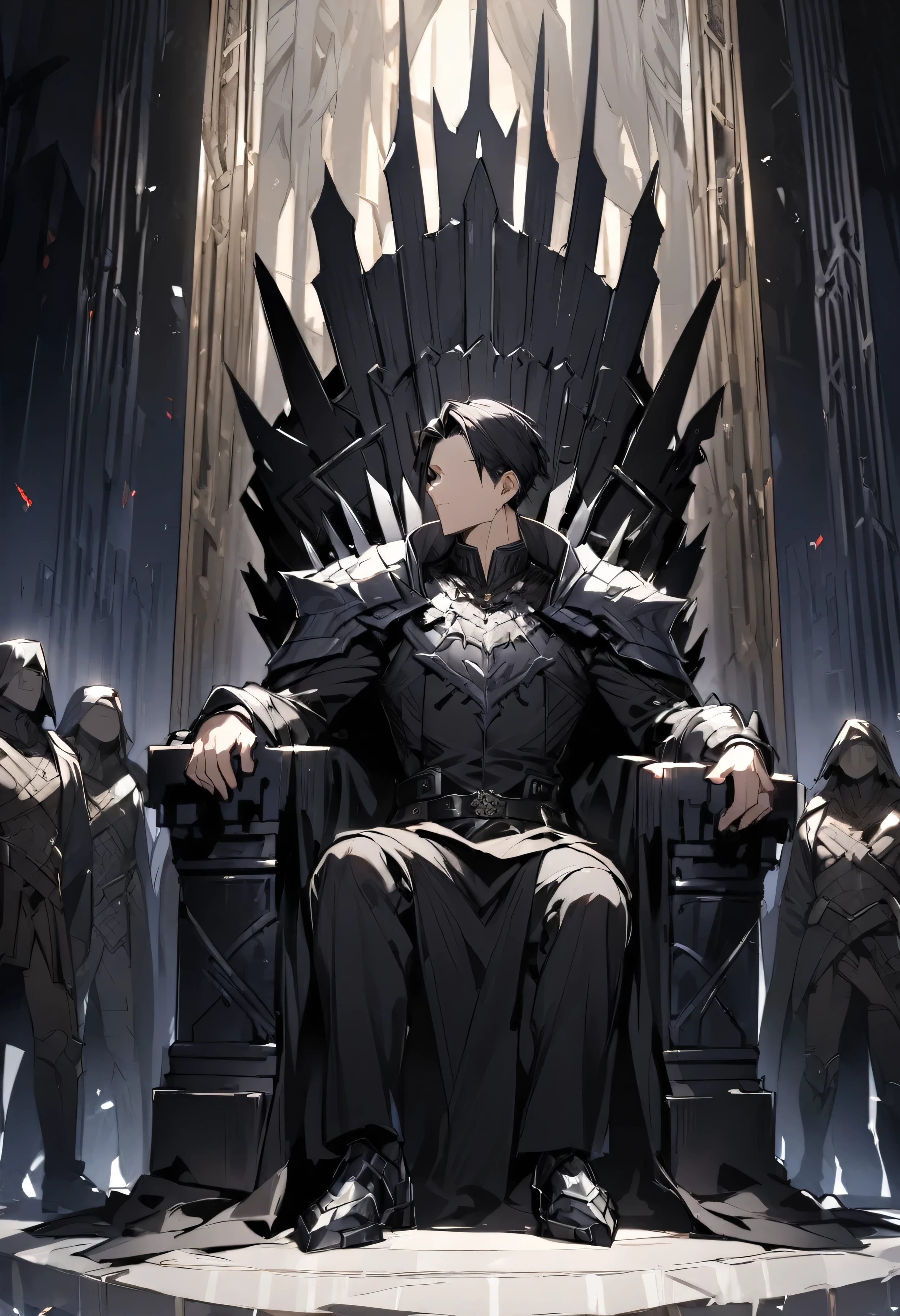 Faceless king in a throne, short black hair, dark clothes, iron throne, people around the throne