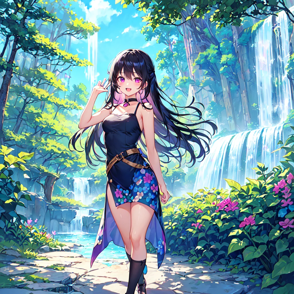 masterpiece, best quality, high quality, extremely detailed, very delicate and beautiful, (1 female 18 years old alone solo:1.5), (long black hair up to waist with two side up:1.5), bangs to eyebrows, eyes (eyes sharp, strong and glossy, eyebrows glossy, (eye color magenta:1.3), 6.5 head height, (summer flower print dress:1.3), knee socks, ruffles, (mouth open with smile), (standing:1.3), (dynamic pose), (background waterfall and forest:1.3), (blue sky:1.3)