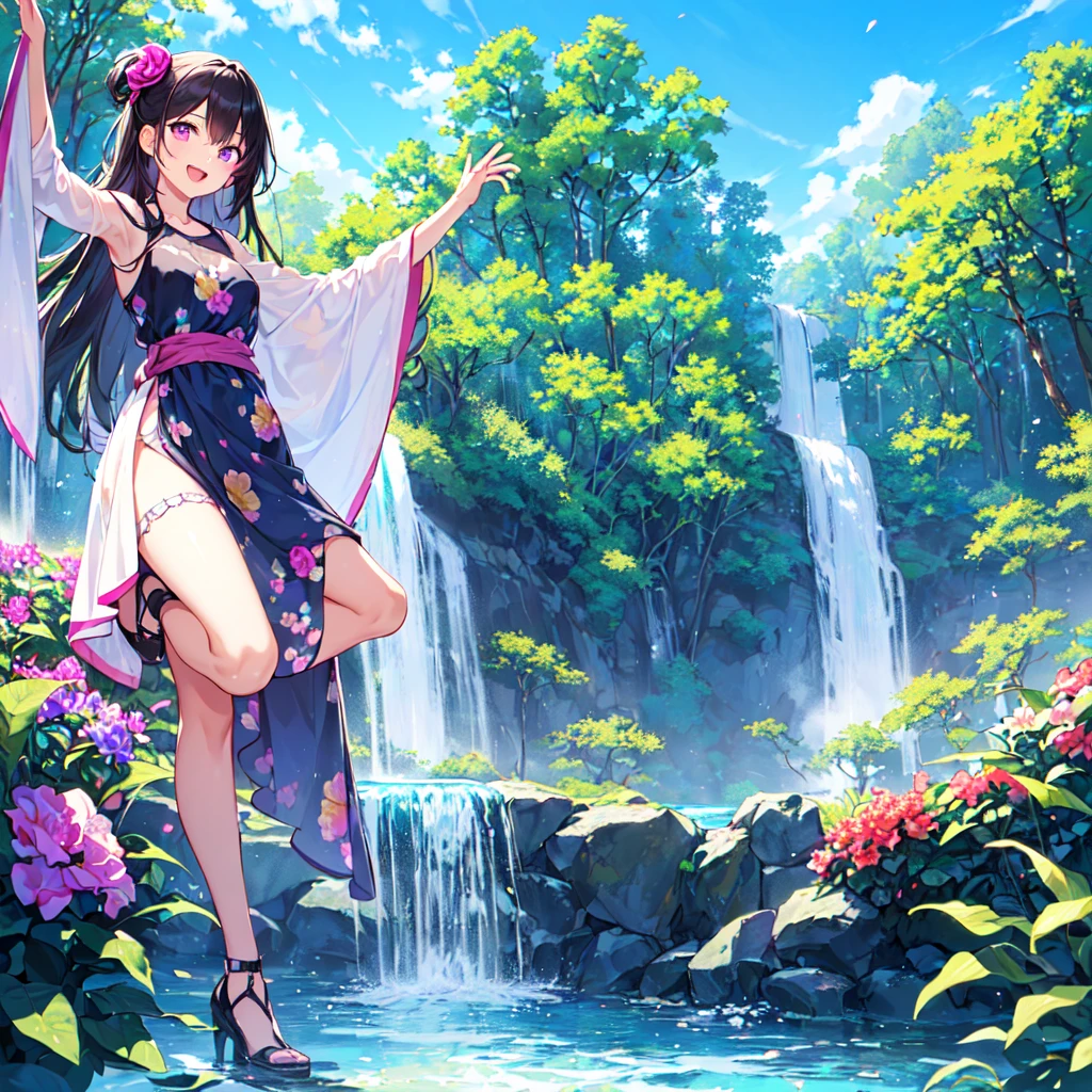 masterpiece, best quality, high quality, extremely detailed, very delicate and beautiful, (1 female 18 years old alone solo:1.5), (long black hair up to waist with two side up:1.5), bangs to eyebrows, eyes (eyes sharp, strong and glossy, eyebrows glossy, (eye color magenta:1.3), 6.5 head height, (summer flower print dress:1.3), knee socks, ruffles, (mouth open with smile), (standing:1.3), (dynamic pose), (background waterfall and forest:1.3), (blue sky:1.3)