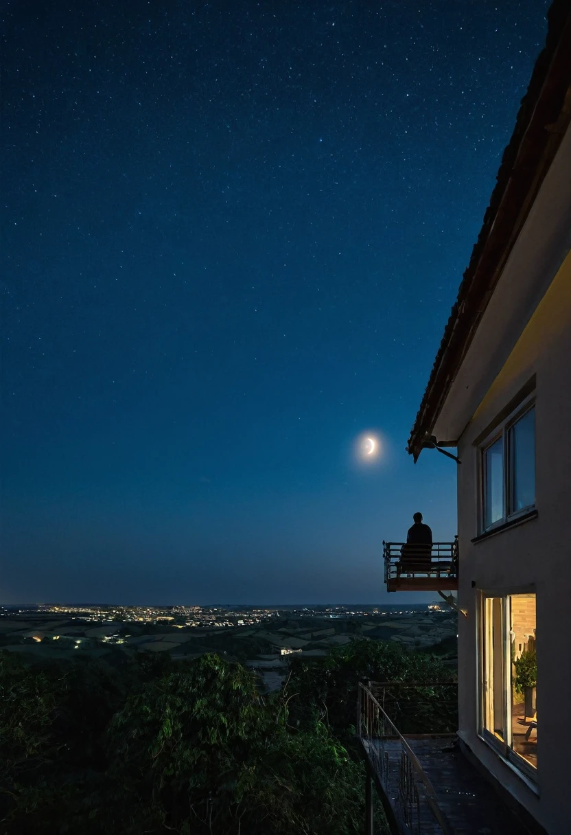 a man sits on the top floor of his house looking at the stars and the moon at night, the picture taken from the behind