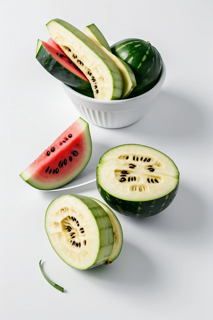 Draw me a plain white container on a white background with banana, dragon fruit, watermelon and cucumber inside.
