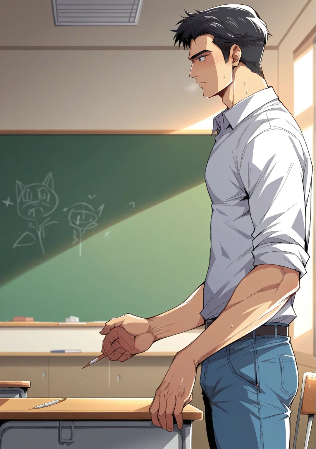 scenery:
A classroom.
Main character:
Boy with black hair combed to the sides.
He is wearing a gray polo shirt and blue jeans..
athletic.
Activity:
He is holding an exhibition about the painting "The Snitch" of El Greco's son.
standing, speaking before the class (although no other companions are seen).
image style:
Excellent quality Disney or cartoon animation.