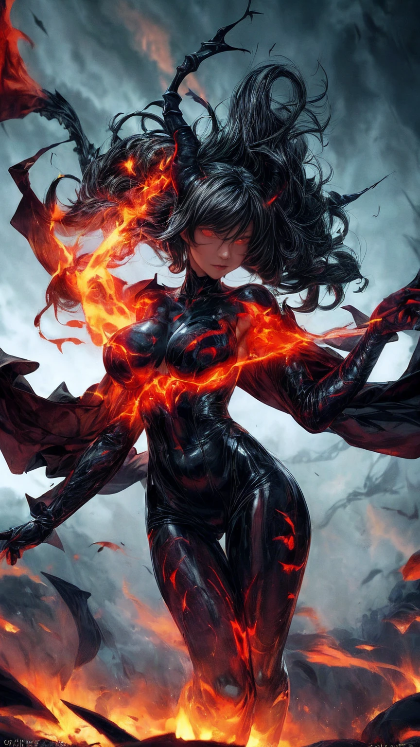 Storyboard, masterpiece, highest quality, dragonlady queen, perfect demoness, long legs, hourglass figure, curvy hips, bright red glowing eyes, detailed eyes (1.4), scars on face, villainous expression, flaming skin body with bioluminescent glowing pattern, ready for battle, blurred stormy background, dark atmosphere, lighting in background,full body,