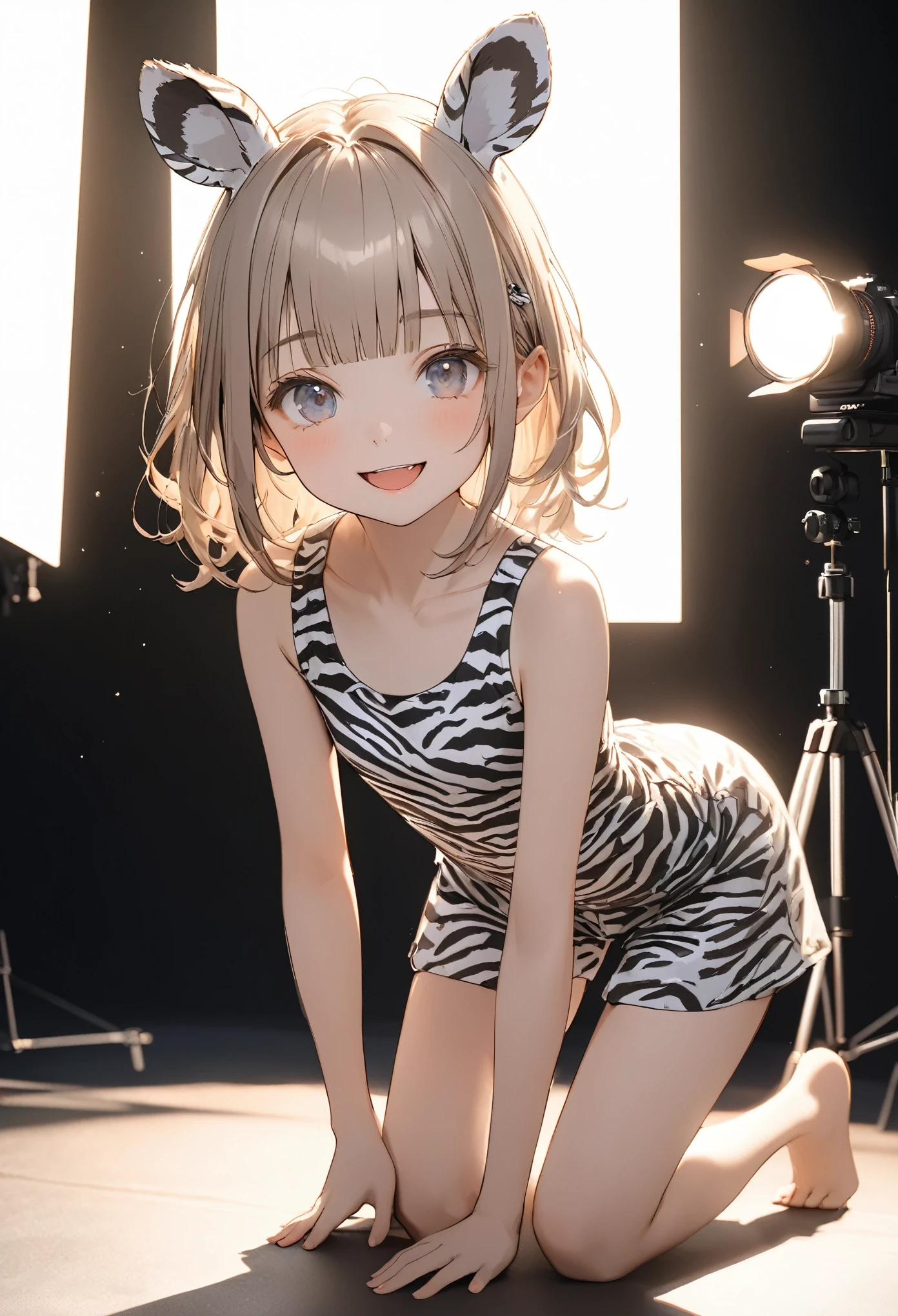 ((Masterpiece)), ((best quality)), ((kawaii)), ((extremely detailed)), (sketch:0.3), (RAW photo:1.2), (8K), (High Definition:1.3), (Professional Photography:1.2), cinematic lighting, (very aesthetic:1.2), (absurdres:1.2), (sharp focus), (perfect light), (wide shot), (()), ((1girl)), ((wearing zebra-patterned tanktop)), fluffy shorts, cinematic lighting, Textured skin, messy hair, (loose blunt bangs), teenage girl, Healthy stomach, (Healthy slim body), small breasts, cute eyes, ((naughty smile)), (open mouth), (put on zebra ears), pale brown hair, Cute Beautiful girl, Thin accessories, ((Kneeling in the Photography Studio)),