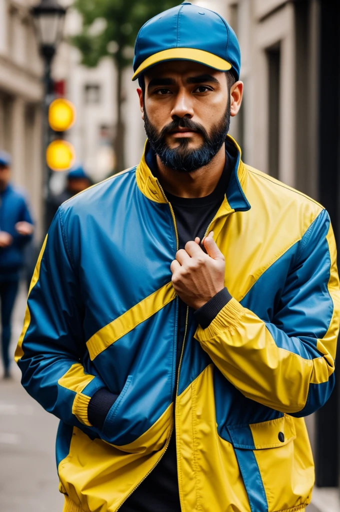 A man with a beard, square head, yellow jacket and blue cap 