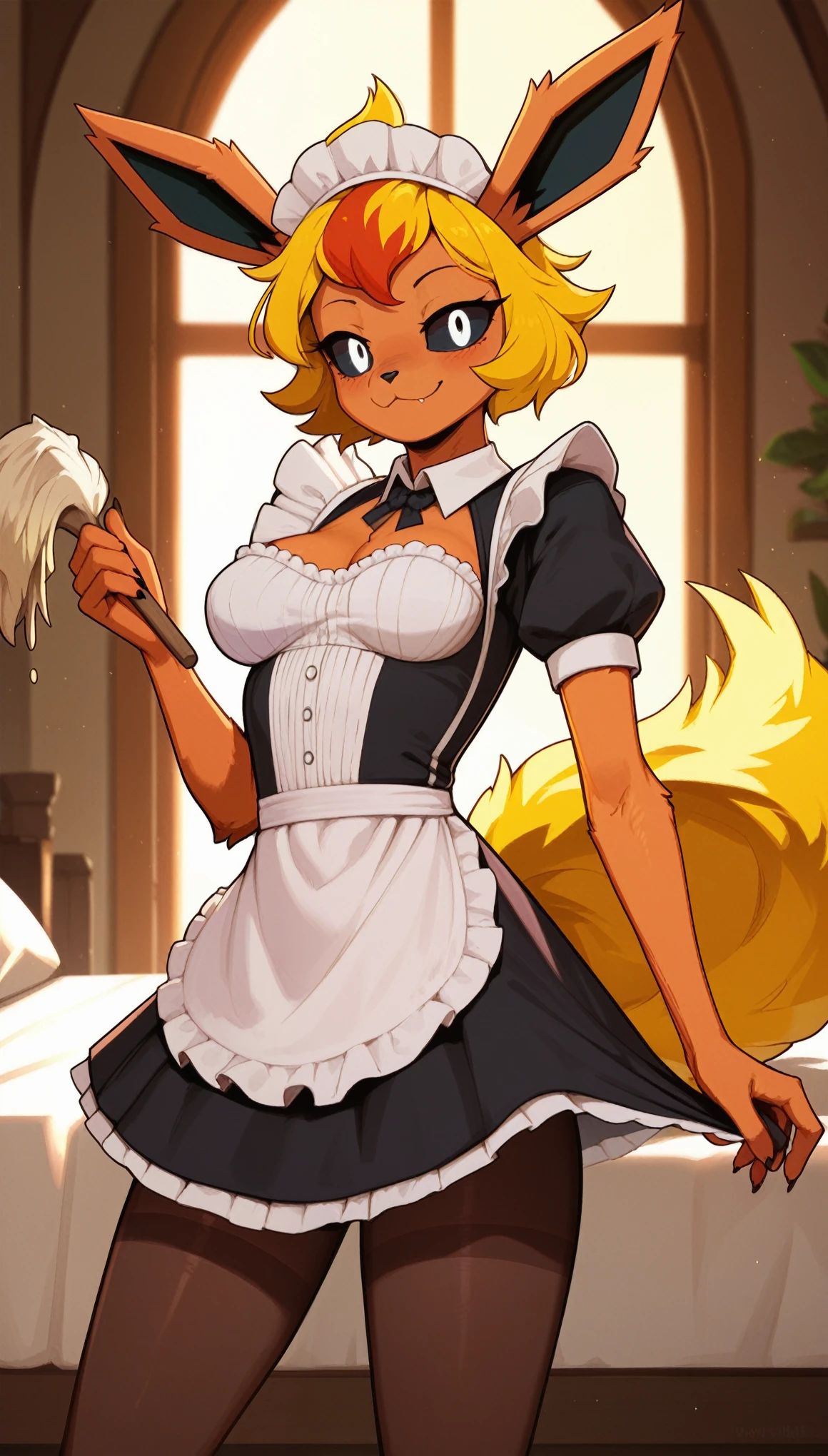 Excited expression, 1girl, anthro, furry, fur, fluffy fur, flareon girl, yellow hair (red highlights), black sclera, white eyes, short hair, Messy hair, (19 years), medium breast, thicc thighs, solo, (bedroom, mansion), sunset, detailed, smug smile, maid outfit, pantyhose, cleaning, score_9, score_8_up, score_7_up, score_6_up, score_5_up, score_4_up