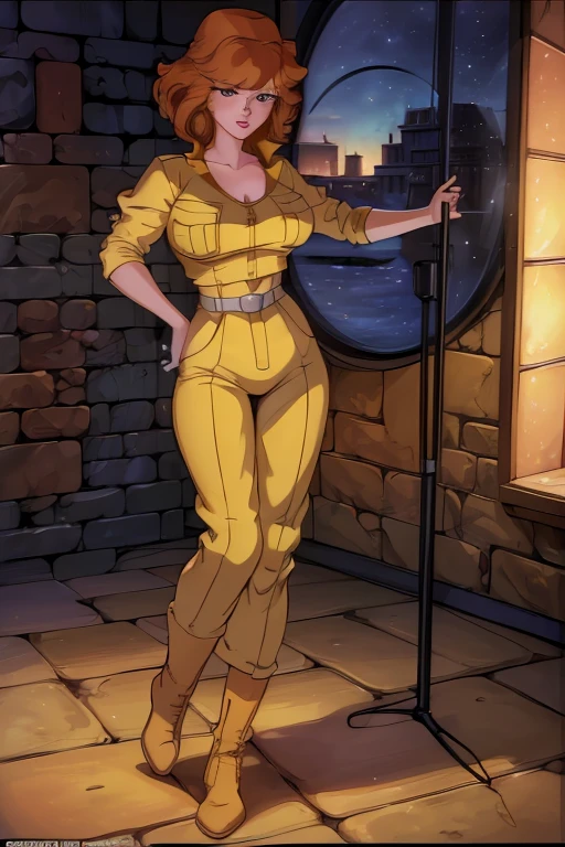 Beautiful young woman, April O'Neal, (beautiful detailed eyes), (beautiful detailed lips), (extremely detailed eyes and face), (long eyelashes), long brown hair, (red lipstick), (brown eyes), yellow jumpsuit (rolled-up sleeves), white boots, (Channel 6 News), (Classic TMNT 1980s cartoon), (best quality, 4k, 8k, highres, masterpiece:1.2), ultra-detailed, (realistic, photorealistic, photo-realistic:1.37), (HDR), (UHD), (studio lighting), (extreme detail description), (professional), (vivid colors), (bokeh), (portraits), (concept artists), (bright, warm colors), (soft, diffused lighting).