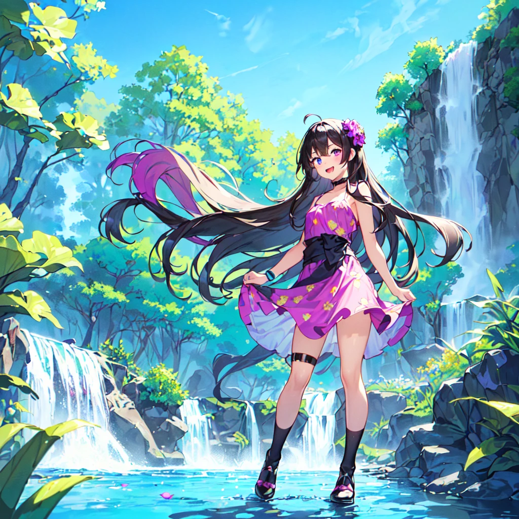 masterpiece, best quality, high quality, extremely detailed, very delicate and beautiful, (1 female 18 years old alone solo:1.5), (long black hair up to waist with two side up:1.5), bangs to eyebrows, eyes (eyes sharp, strong and glossy, eyebrows glossy, (eye color magenta:1.3), 6.5 head height, (summer flower print dress:1.3), knee socks, ruffles, (mouth open with smile), (standing:1.3), (dynamic pose), (background waterfall and forest:1.3), (blue sky:1.3)