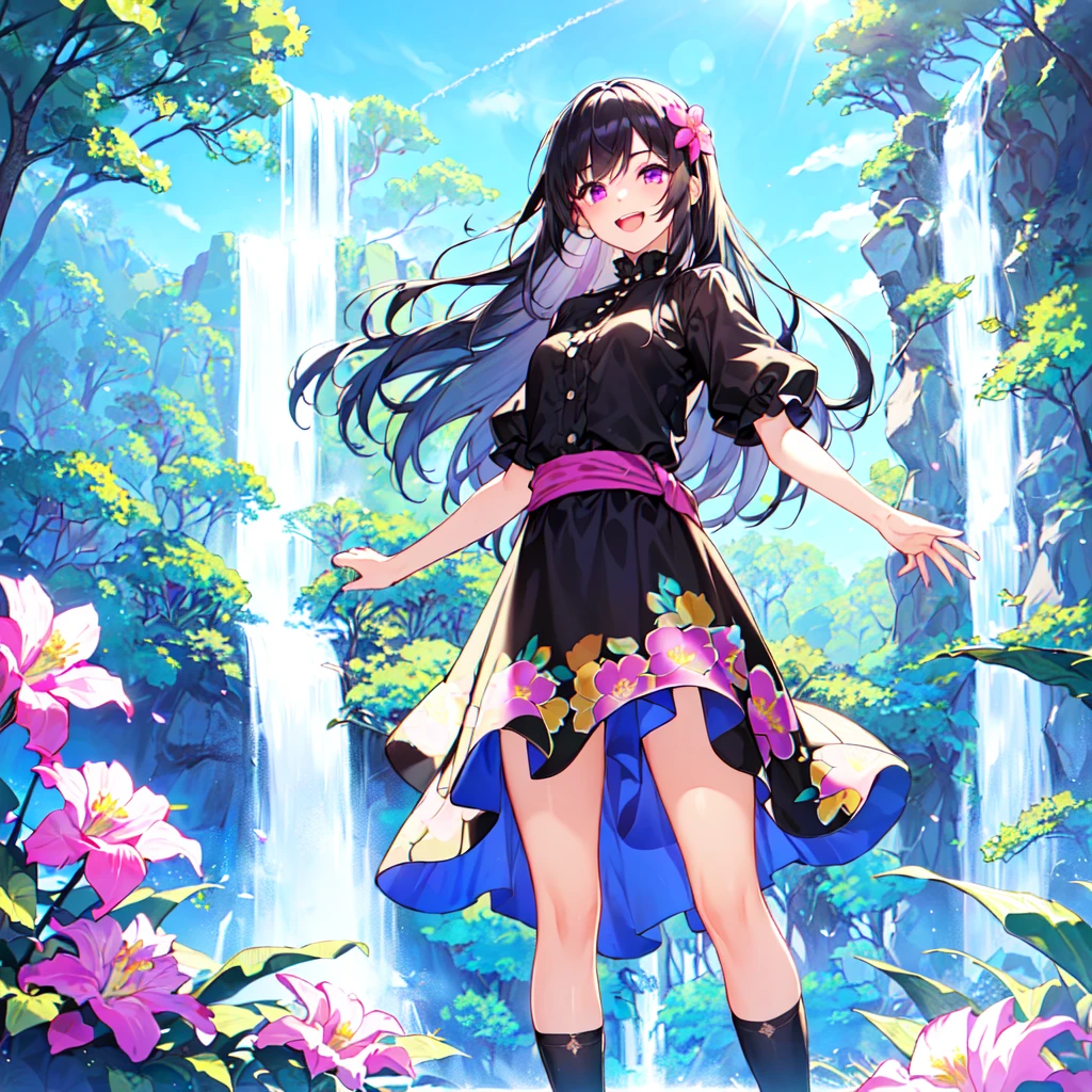 masterpiece, best quality, high quality, extremely detailed, very delicate and beautiful, (1 female 18 years old alone solo:1.5), (long black hair up to waist with two side up:1.5), bangs to eyebrows, eyes (eyes sharp, strong and glossy, eyebrows glossy, (eye color magenta:1.3), 6.5 head height, (summer flower print dress:1.3), knee socks, ruffles, (mouth open with smile), (standing:1.3), (dynamic pose), (background waterfall and forest:1.3), (blue sky:1.3)