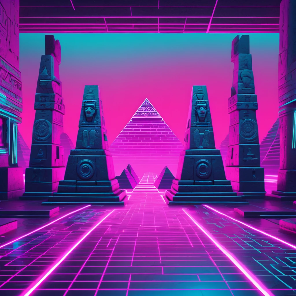 Create a digital artwork for a website background that seamlessly blends Vaporwave, Cyberpunk, and pre-Hispanic aesthetics. The scene should feature detailed Aztec monoliths, sculptures, and pyramids placed in a retro-futuristic environment. The floor should have a neon-glowing grid pattern, typical of Vaporwave, with the neon lights primarily using the brand's primary color #39E600 (bright green). The background should mix dark, rainy, urban landscapes with vibrant neon lights, reflecting a Cyberpunk vibe. Incorporate the brand colors prominently, with the primary color being #39E600 (bright green) and the secondary color #E600C3 (vivid magenta). Ensure the green is the most prominent color, followed by magenta. Include VHS glitches and digital distortions to add a retro aesthetic. The Aztec monoliths, sculptures, and pyramids should exude an ancient, mystical aura, with patterns and symbols inspired by the pre-Hispanic era. Additionally, incorporate elements like ancient Aztec symbols and motifs throughout the design. The overall feel should seamlessly blend the ancient history of America with futuristic digital aesthetics, creating a unique and captivating visual experience