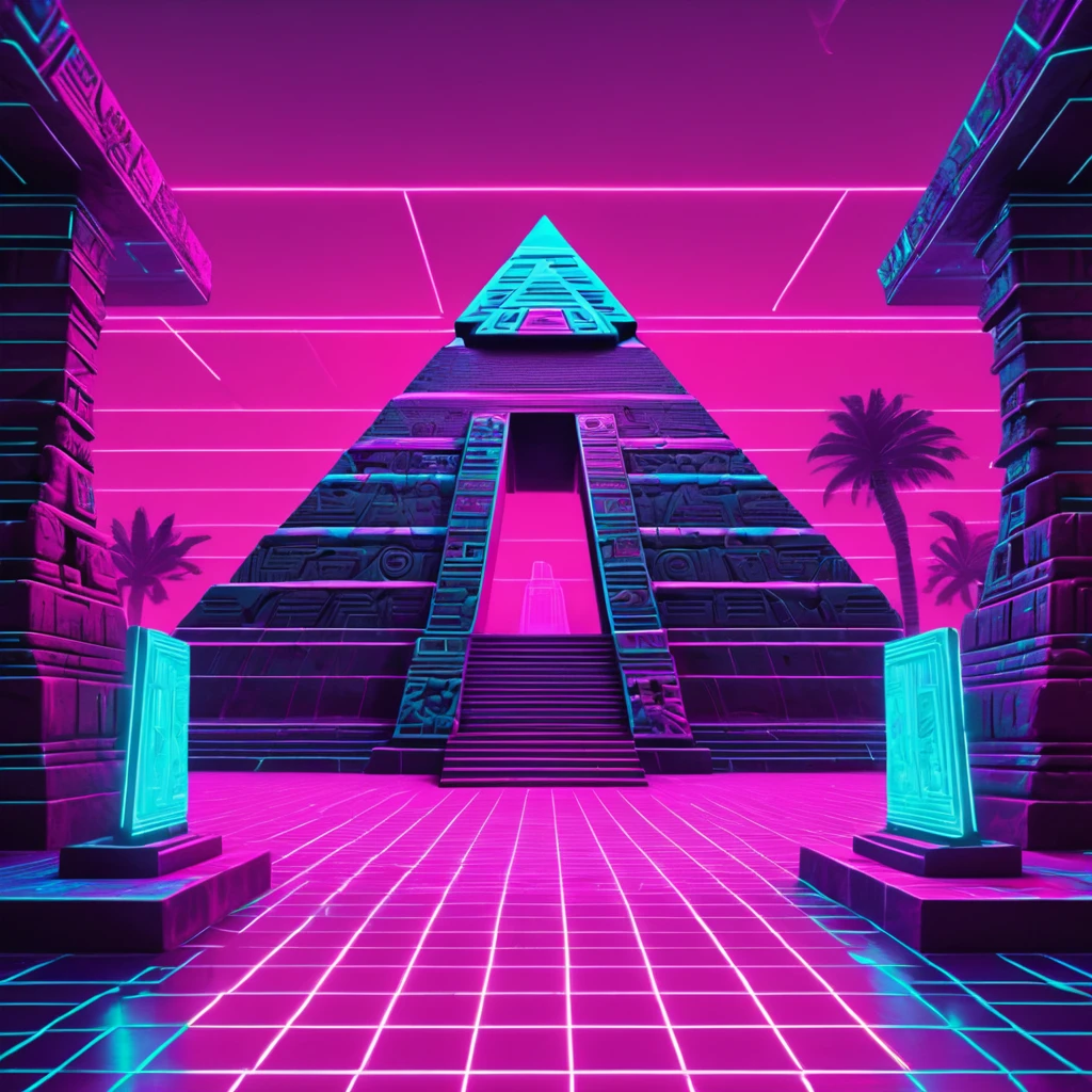 Create a digital artwork for a website background that seamlessly blends Vaporwave, Cyberpunk, and pre-Hispanic aesthetics. The scene should feature detailed Aztec monoliths, sculptures, and pyramids placed in a retro-futuristic environment. The floor should have a neon-glowing grid pattern, typical of Vaporwave, with the neon lights primarily using the brand's primary color #39E600 (bright green). The background should mix dark, rainy, urban landscapes with vibrant neon lights, reflecting a Cyberpunk vibe. Incorporate the brand colors prominently, with the primary color being #39E600 (bright green) and the secondary color #E600C3 (vivid magenta). Ensure the green is the most prominent color, followed by magenta. Include VHS glitches and digital distortions to add a retro aesthetic. The Aztec monoliths, sculptures, and pyramids should exude an ancient, mystical aura, with patterns and symbols inspired by the pre-Hispanic era. Additionally, incorporate elements like ancient Aztec symbols and motifs throughout the design. The overall feel should seamlessly blend the ancient history of America with futuristic digital aesthetics, creating a unique and captivating visual experience