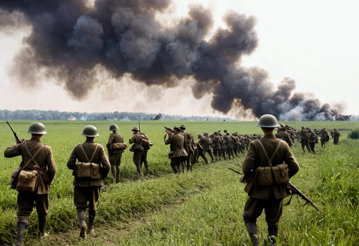 Soldiers standing in a field,Smoke in the background, World War I照片, World War I照片, 用World War II相机拍摄, war photos, World War II, Battlefield scene, Battlefield Background, 对抗 World War I, World War II摄影, World War II摄影, Soldiers come under heavy fire, war photosgraph, On the war zone, war photosgraphy, World War I