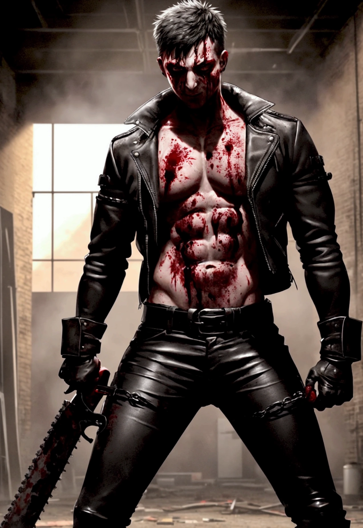 A fearsome, blood-soaked serial killer stands menacingly in a dimly lit, abandoned warehouse. His muscular frame is clad in a black leather jacket that clings tightly to his broad shoulders and chest, enhancing his intimidating presence. The sleeves of the jacket are rolled up slightly, revealing his muscular forearms. His hands are adorned with fingerless gloves, stained with dried blood, adding to his sinister appearance. His legs are encased in black combat pants, tucked into rugged black combat boots that are scuffed and stained from his gruesome deeds. A few utility belts and chains hang from his waist, clinking softly with his movements, emphasizing his dark and dangerous aura. In his hands, he wields a menacing chainsaw, the blade smeared with fresh blood. 