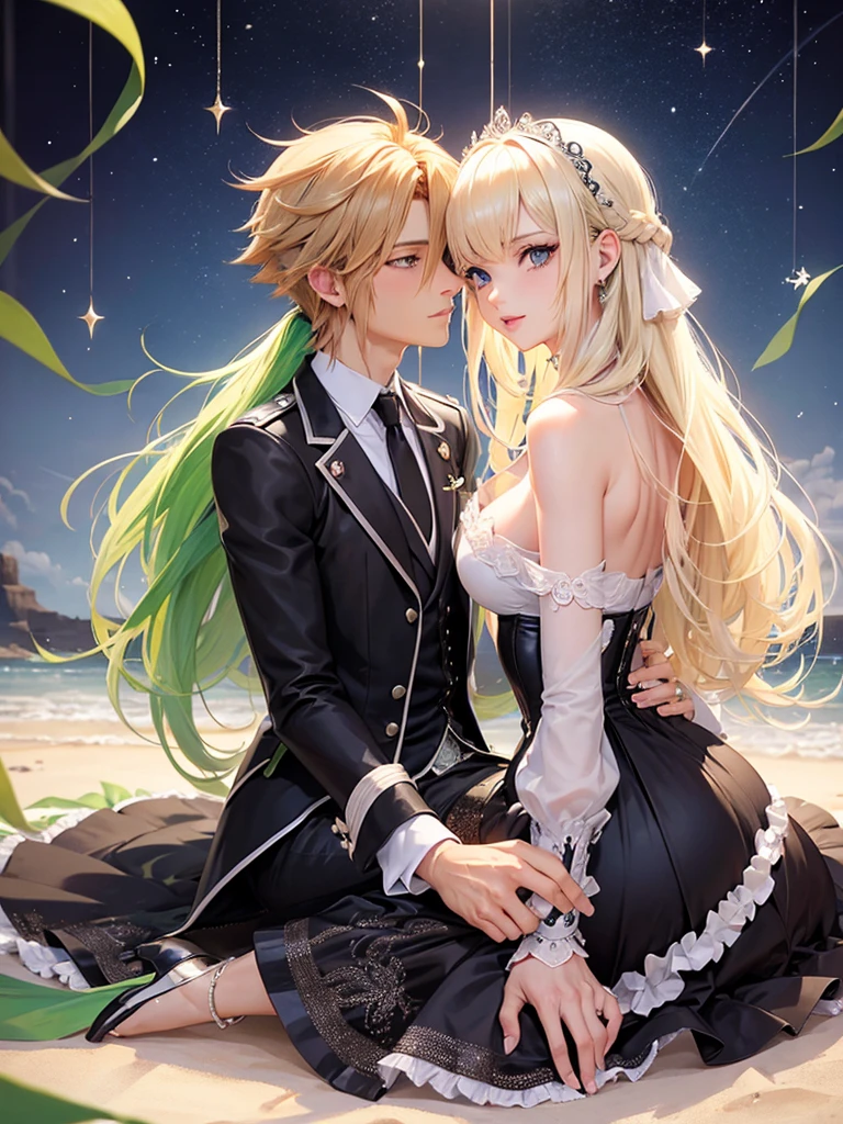 Homme peau noir metisse cheveux bouclés avec femme blonde aux yeux vert, romance , couple, univers Kingdom Hearts, dessin manga anime realiste