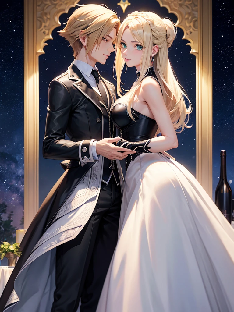 Homme peau noir metisse cheveux bouclés avec femme blonde aux yeux vert, romance , couple, univers Kingdom Hearts, dessin manga anime realiste