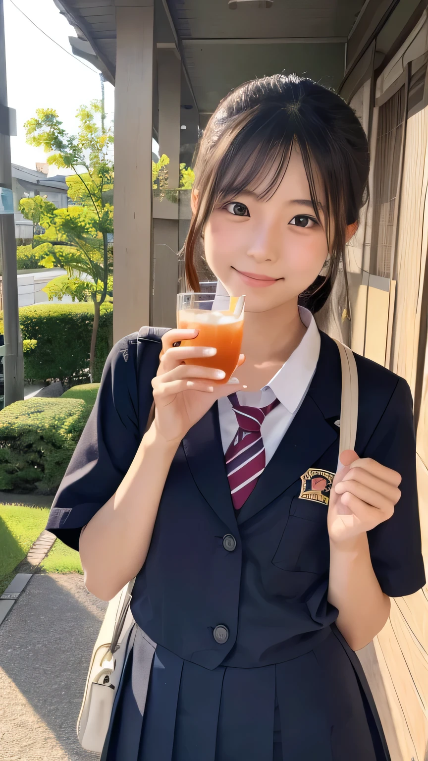 (masterpiece:1.2), Japanese, (18 years old), (((a girl))), (school uniform), outdoor, plump, summer vacation, sunshine, small drink cup,