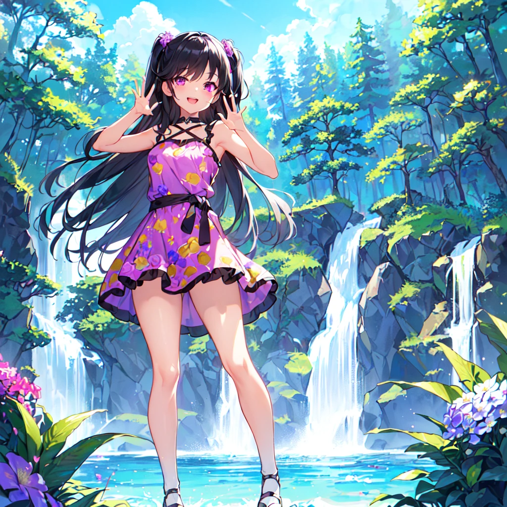 masterpiece, best quality, high quality, extremely detailed, very delicate and beautiful, (1 female 18 years old alone solo:1.5), (long black hair up to waist with two side up:1.5), bangs to eyebrows, eyes (eyes sharp, strong and glossy, eyebrows glossy, (eye color magenta:1.3), 6.5 head height, (summer flower print dress:1.3), knee socks, ruffles, (mouth open with smile), (standing:1.3), (dynamic pose), (background waterfall and forest:1.3), (blue sky:1.3)