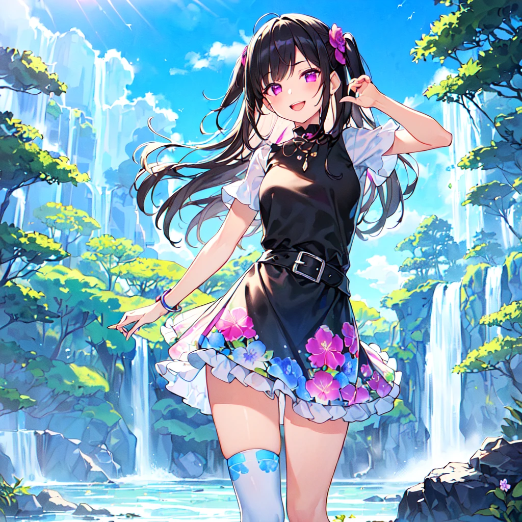 masterpiece, best quality, high quality, extremely detailed, very delicate and beautiful, (1 female 18 years old alone solo:1.5), (long black hair up to waist with two side up:1.5), bangs to eyebrows, eyes (eyes sharp, strong and glossy, eyebrows glossy, (eye color magenta:1.3), 6.5 head height, (summer flower print dress:1.3), knee socks, ruffles, (mouth open with smile), (standing:1.3), (dynamic pose), (background waterfall and forest:1.3), (blue sky:1.3)