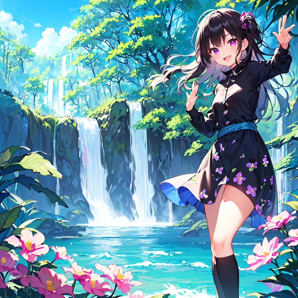 masterpiece, best quality, high quality, extremely detailed, very delicate and beautiful, (1 female 18 years old alone solo:1.5), (long black hair up to waist with two side up:1.5), bangs to eyebrows, eyes (eyes sharp, strong and glossy, eyebrows glossy, (eye color magenta:1.3), 6.5 head height, (summer flower print dress:1.3), knee socks, ruffles, (mouth open with smile), (standing:1.3), (dynamic pose), (background waterfall and forest:1.3), (blue sky:1.3)