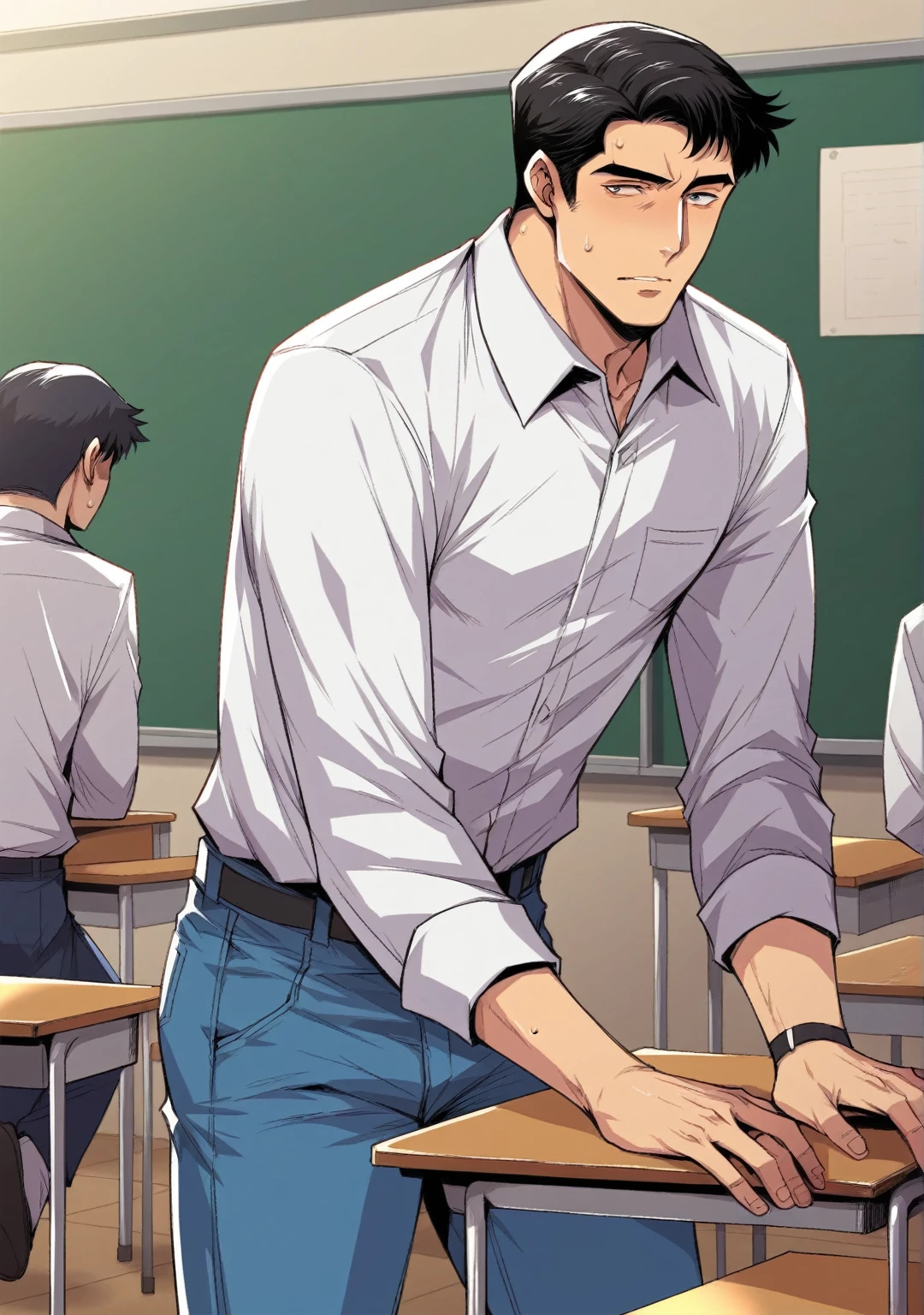 Main character:

Boy with black hair combed to the sides.
He is wearing a gray polo shirt and blue jeans..
Activity:

He is holding an exhibition about the painting "The Snitch" of El Greco&#39;s son.
Standing in a classroom.
image style:

Excellent quality Disney-like animation.
