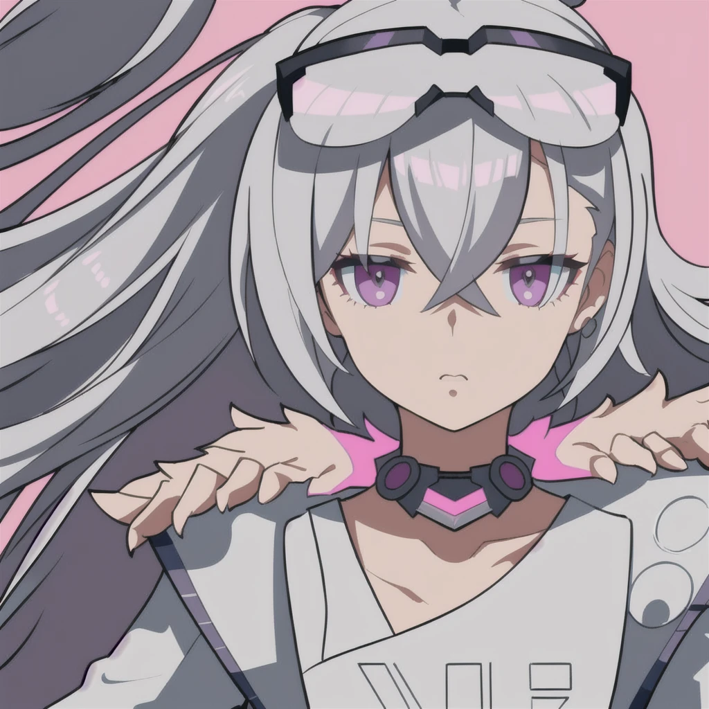 anime girl, grey hair, blowing bubblegum, pink bubblegum bubble, black eyes, blueish purple jacket, bare skin, silver wolf, white shirt, 1girl, masterpiece, (beautiful and aesthetic:1. 5), thick black lineart, clean lineart, perfect lineart, variable lineart, clean anime outlines, intense line art, bold lineart, sharp lineart, best quality, high quality, best quality, ultra-detailed, colourful, saturated colours, dynamic lighting, HD,