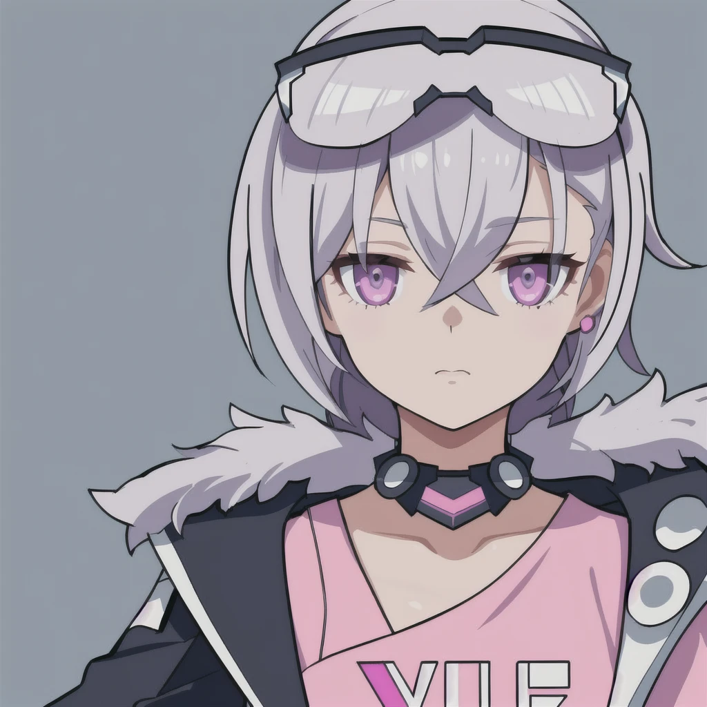 anime girl, grey hair, blowing bubblegum, pink bubblegum bubble, black eyes, blueish purple jacket, bare skin, silver wolf, white shirt, 1girl, masterpiece, (beautiful and aesthetic:1. 5), thick black lineart, clean lineart, perfect lineart, variable lineart, clean anime outlines, intense line art, bold lineart, sharp lineart, best quality, high quality, best quality, ultra-detailed, colourful, saturated colours, dynamic lighting, HD,